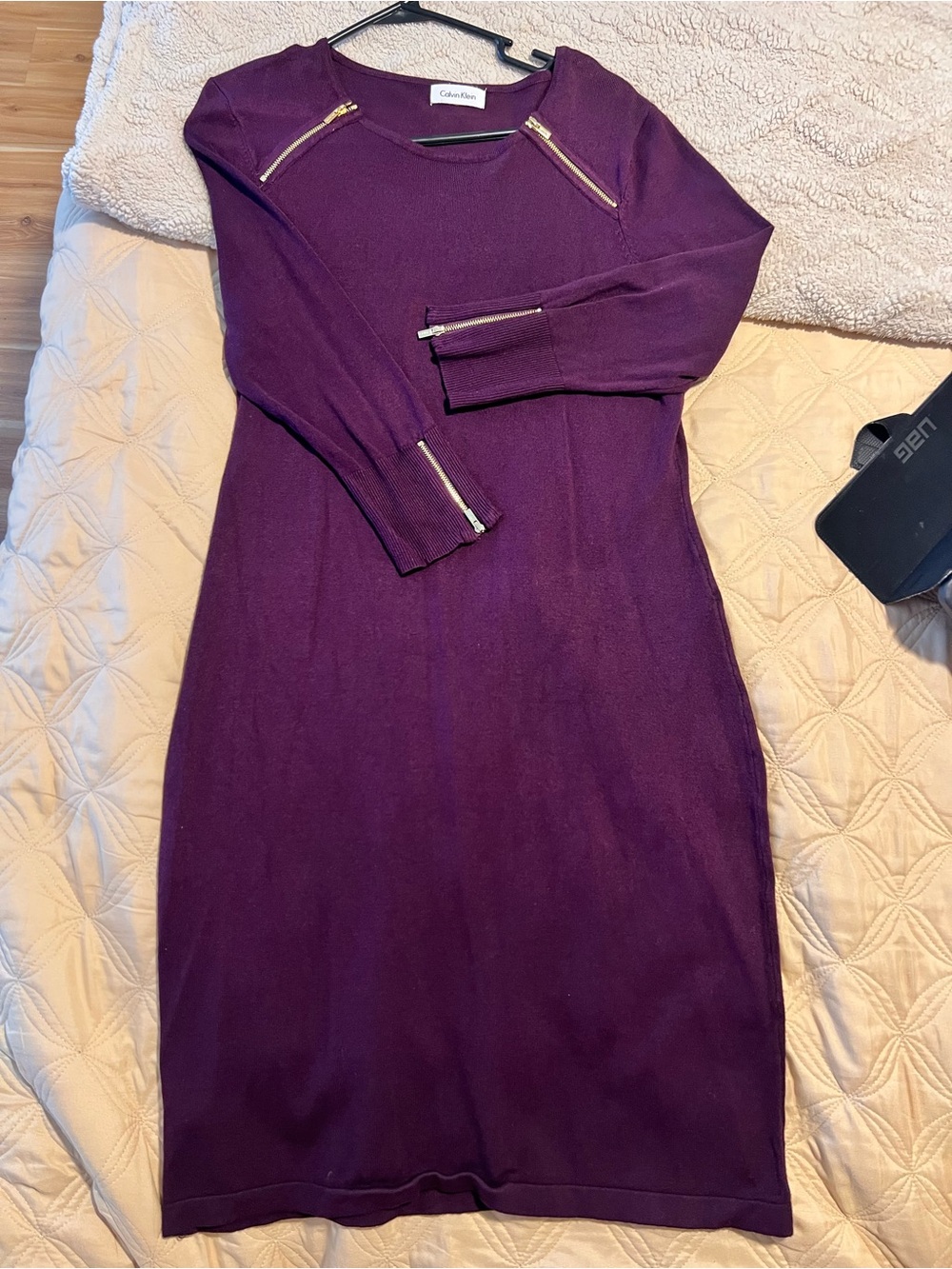 Calvin Klein Plum 3/4 Long-Sleeve Sheath Dress with Gold Zips